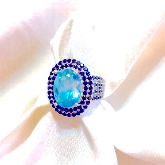 Ring 925 Blue Topaz Black Spinel 6.5 NWOT gorgeous stones heavy sterling setting - Picture 6 of 9